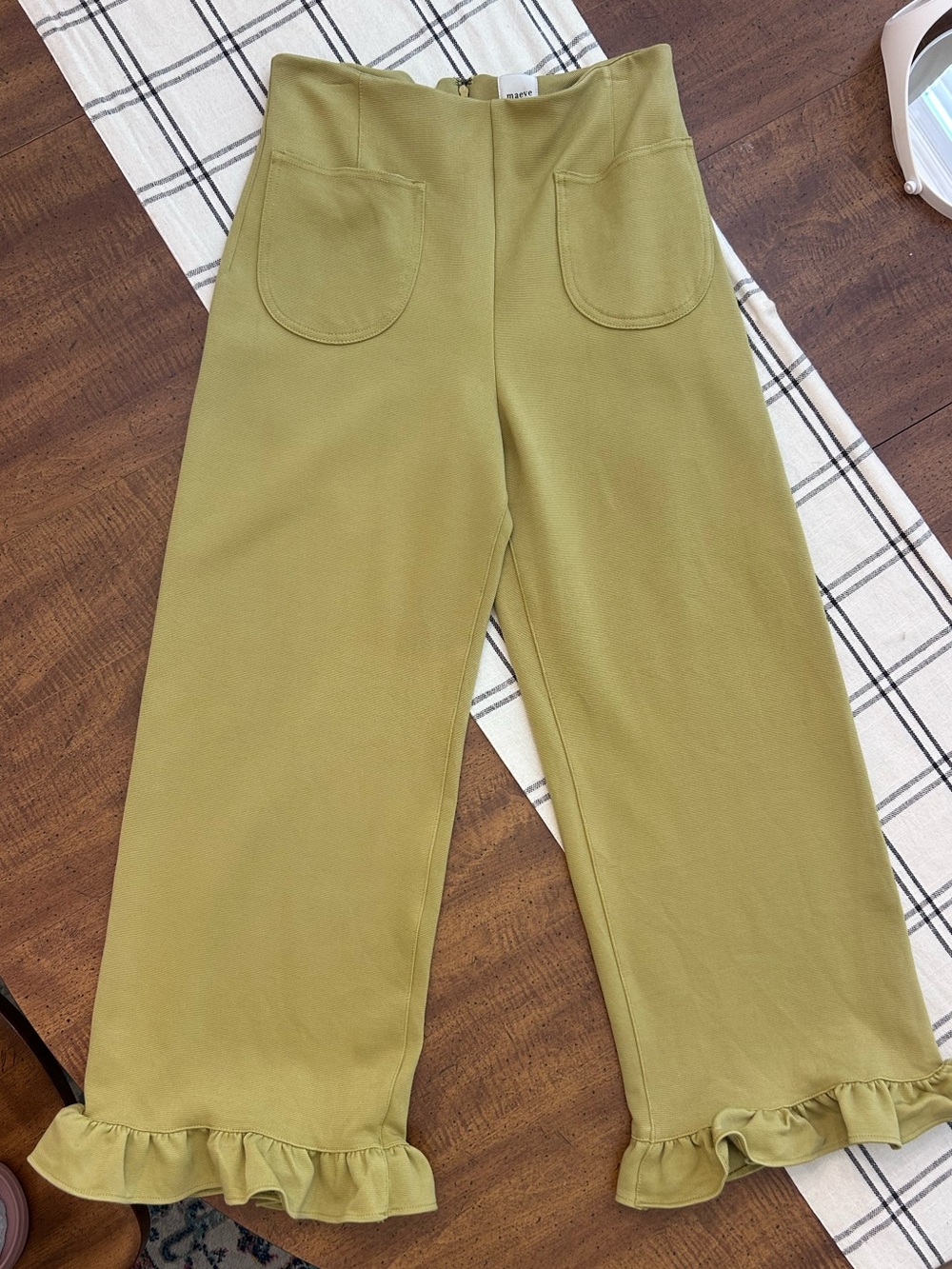 Maeve The Colette Ruffle Hem Wide Leg Trousers Women’s Size 29 Olive Green
